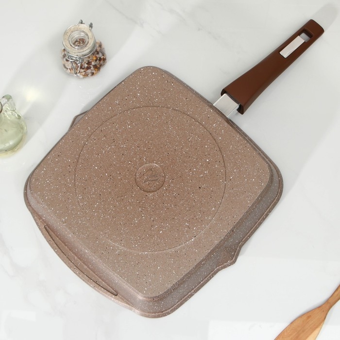 Сковорода-гриль &laquo;Гранит Brown&raquo;, квадратная, 28&times;28 см, съёмная ручка, стеклянная крышка, антипригарное покрытие, цвет коричневый