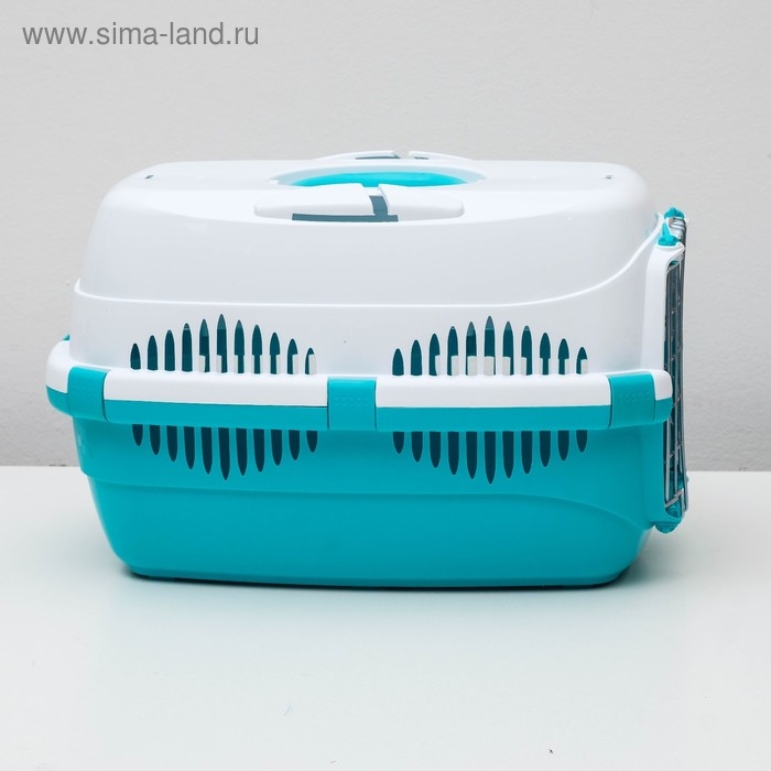 Переноска для животных до 9 кг Переноска для животных до 9 кг "Пижон", металлическая дверь, 43х29х27,5 см, бело-бирюзовая