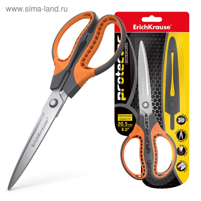 Ножницы 20.5 см ErichKrause Protector, с чехлом, усиленные, ударопрочные, серо-оранжевые Ножницы 20.5 см ErichKrause Protector, с чехлом, усиленные, ударопрочные, серо-оранжевые