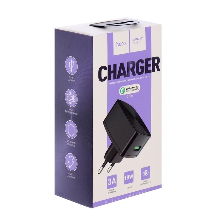 Сетевое зарядное устройство Hoco C70A, 18 Вт, USB QC3.0 - 3 А, черный Сетевое зарядное устройство Hoco C70A, 18 Вт, USB QC3.0 - 3 А, черный
