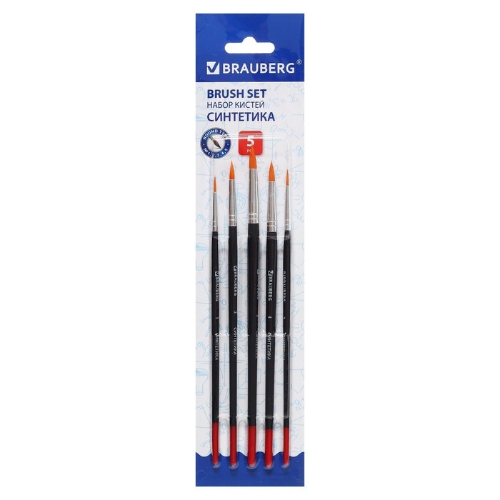 Набор кистей, синтетика, 5 штук, BRAUBERG (круглая, № 1, 2, 3, 4, 5), блистер