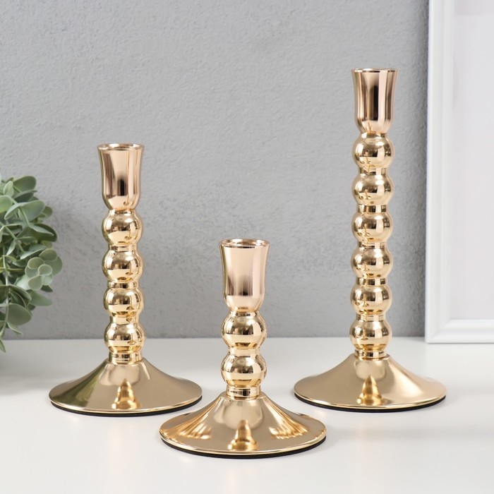 Подсвечник металл Подсвечник металл "Шарики" набор 3 шт d=2 см золото 11х13;11х19;11х24 см