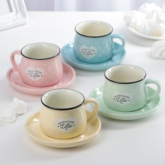 Кофейная пара керамическая &laquo;Уютный дом&raquo;, 2 предмета: чашка 180 мл, блюдце d=12,5 см, цвет МИКС