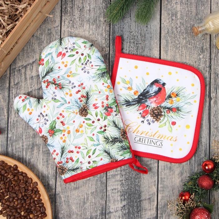 Кухонный набор &laquo;Сhristmas greetings&raquo; варежка-прихватка 20х28см, прихватка 19х19см, 100% хл