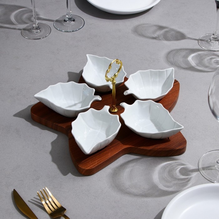 Менажница «Листья», 5 шт:150 мл, деревянное основание, фарфор, Иран Менажница «Листья», 5 шт:150 мл, деревянное основание, фарфор, Иран