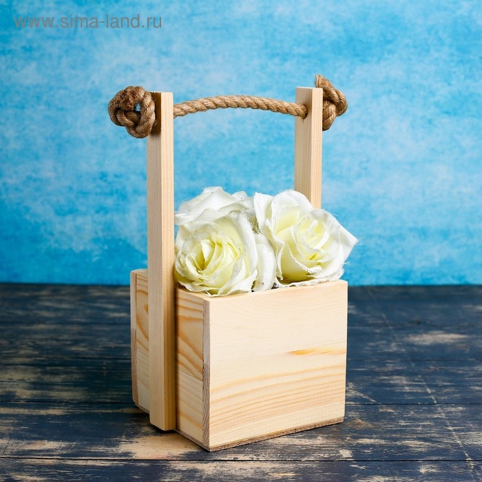 Кашпо деревянное 12&times;12&times;11(25) см "Ажур", ручка верёвка, натуральный Дарим Красиво