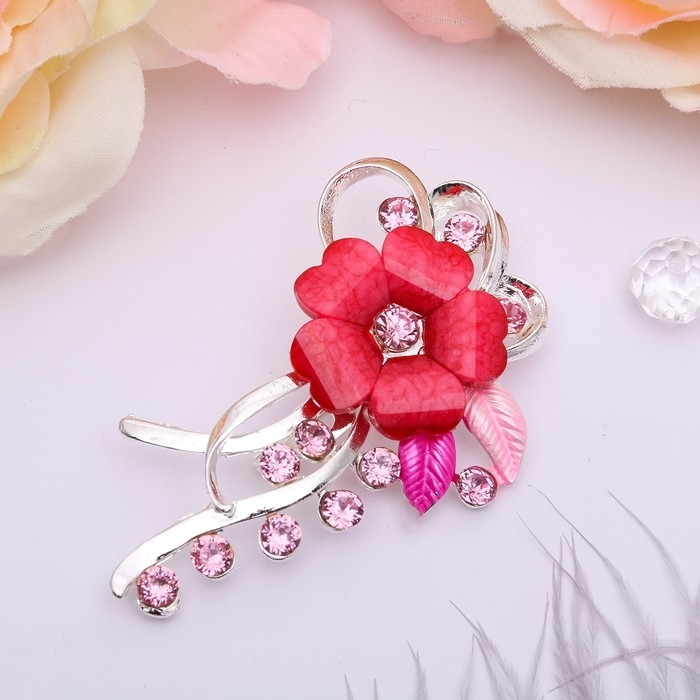 Брошь &laquo;Цветочная роса&raquo;, цвет розовый в серебре