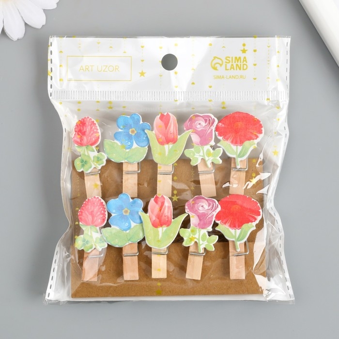 Декор для творчества дерево Декор для творчества дерево "Прищепка. Цветочки" набор 10 шт 4х2,3х1,2 см