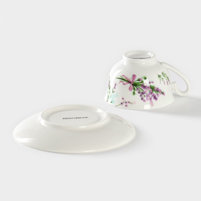 Кофейная пара фарфоровая Доляна &laquo;Лаванда&raquo;, 2 предмета: чашка 80 мл, блюдце d=11,4 см, цвет белый