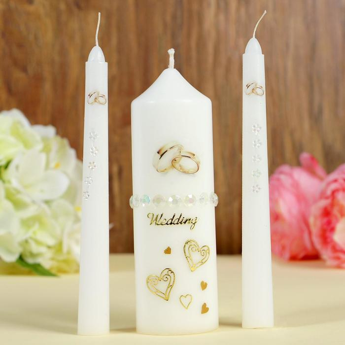 Набор свадебных свечей с бусинами Набор свадебных свечей с бусинами "Обручальные кольца", белый, ручная работа, микс