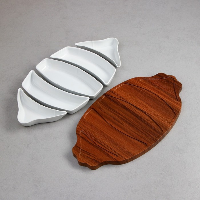 Менажница, деревянное основание, 2 шт: 150 мл, 2 шт: 200 мл, 1 шт: 250 мл, фарфор, Иран Менажница, деревянное основание, 2 шт: 150 мл, 2 шт: 200 мл, 1 шт: 250 мл, фарфор, Иран