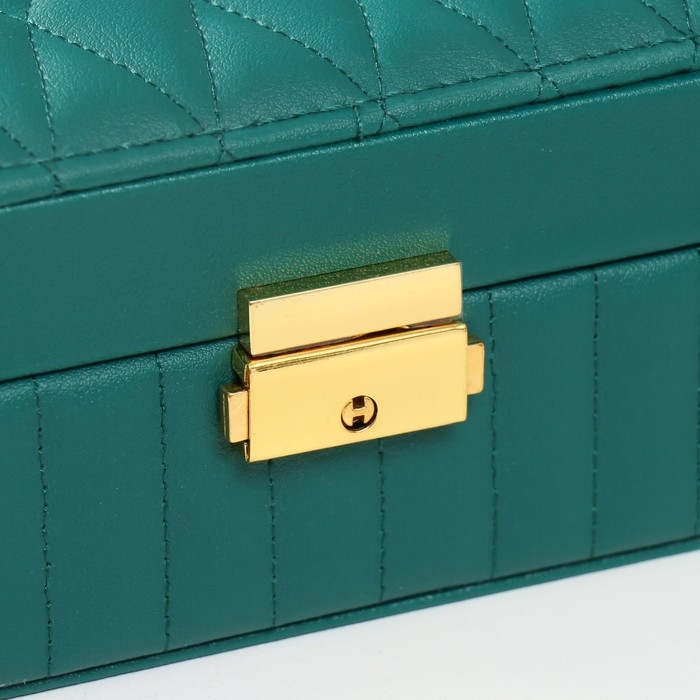 Шкатулка кожзам для украшений Шкатулка кожзам для украшений "Ромбики. На кнопке" зелёная 7,5х24,5х18,5 см