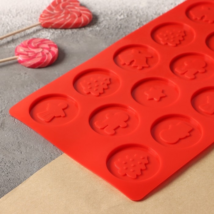 Форма для конфет и шоколада новогодняя Доляна &laquo;Новогодние кружочки&raquo;, силикон, 29,8&times;17,5 см, 14 ячеек (d=5 см), цвет красный