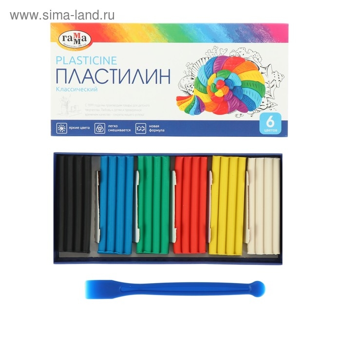 Пластилин 6 цветов 120 г, "Классический", со стеком