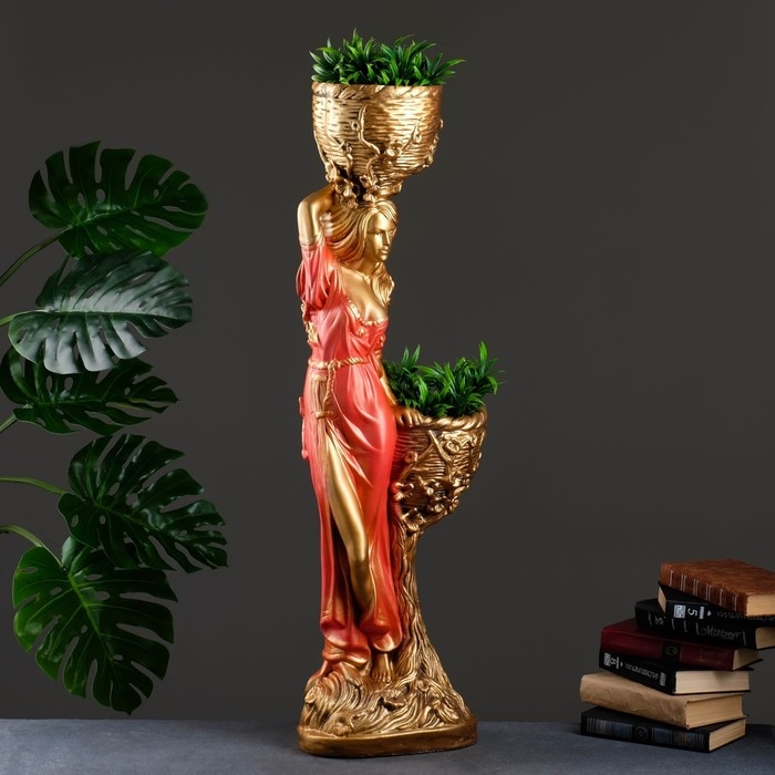 Фигура "Девушка с двумя кашпо" красная, 24х30х96см