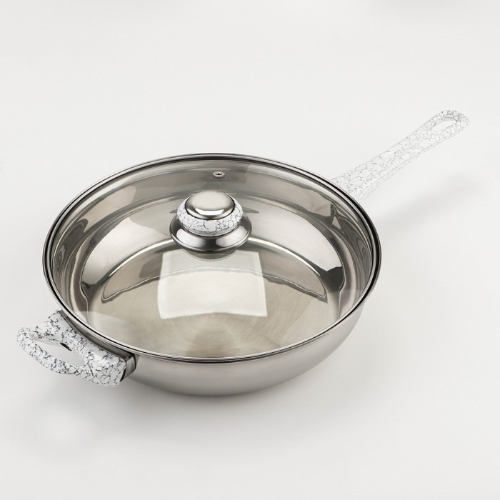 Набор посуды из нержавеющей стали Доляна &laquo;Мрамор&raquo;, 8 предметов: ковш 1,5 л, 2 кастрюли 2/3 л, сковорода d=24 см, крышки, стенки 0,3 мм, дно 5 мм