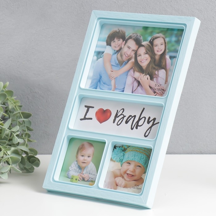 Фоторамка пластик на 3 фото 10х10 см, 13х18 см Фоторамка пластик на 3 фото 10х10 см, 13х18 см "Лион" голубая 32х20 см