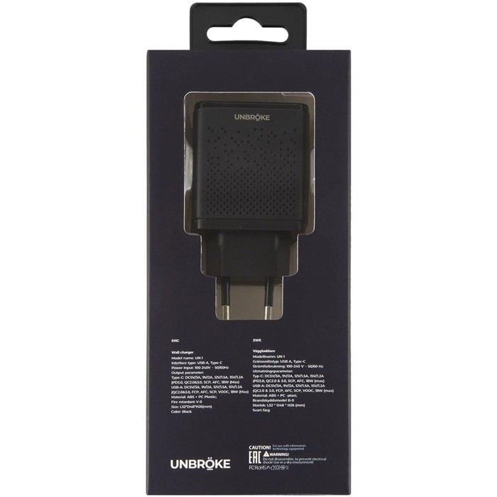 Сетевое зарядное устройство UNBRÖKE UN-1, USB+Type-C, 3 A, индикатор, черное Сетевое зарядное устройство UNBRÖKE UN-1, USB+Type-C, 3 A, индикатор, черное
