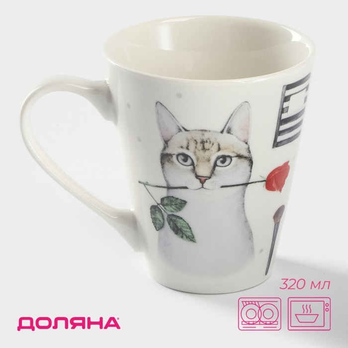 Кружка фарфоровая Доляна &laquo;Котик&raquo;, 320 мл, цвет белый