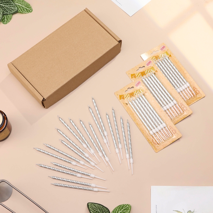 Свечи в торт "Металлик", 14 см, 18 шт, серебристые