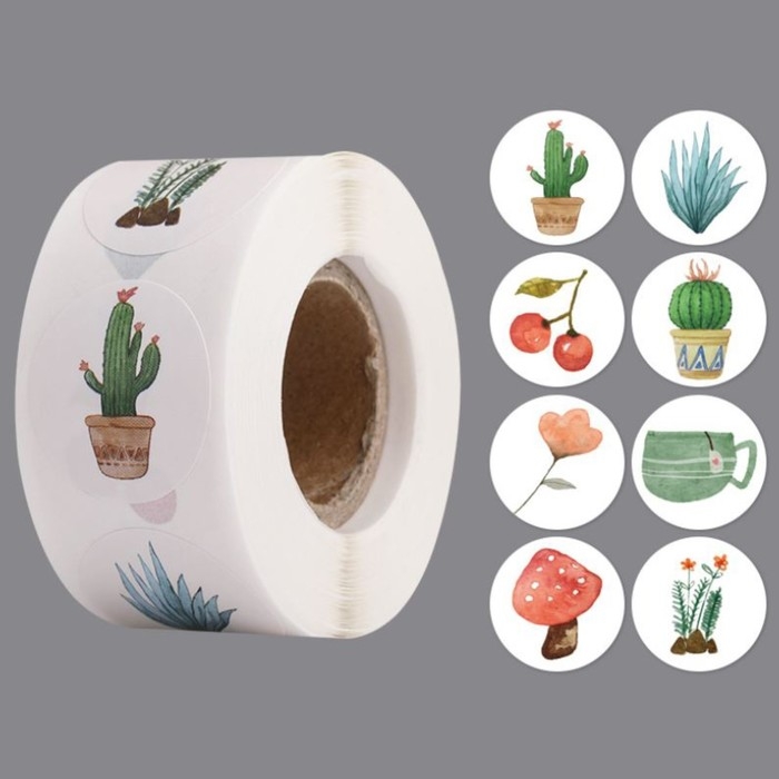 Наклейка бумага Наклейка бумага "Акварельные рисунки" d=2,5 см 500 шт в рулоне 3х6,5х6,5 см