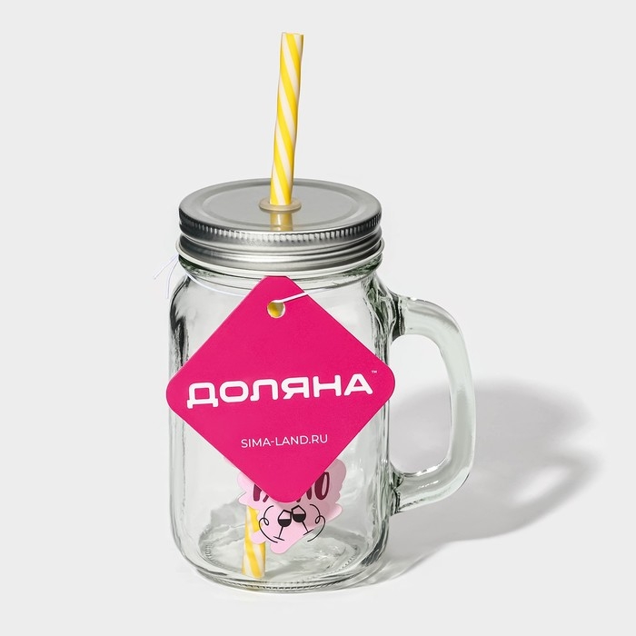 Кружка стеклянная Доляна &laquo;Вино&raquo;, 450 мл, 10&times;7,5&times;13 см, с ручкой, крышкой и трубочкой