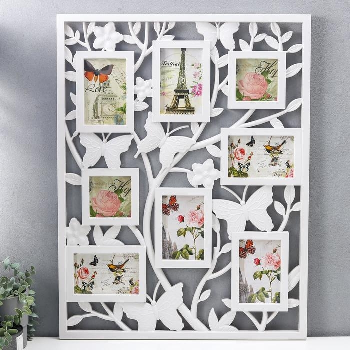 Фоторамка пластик на 8 фото 10х10, 10х15 см Фоторамка пластик на 8 фото 10х10, 10х15 см "Бабочки на деревце" белая 70х55 см