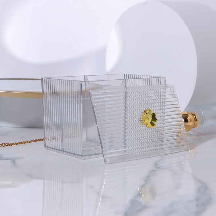 Органайзер для ватных палочек и дисков «FLOWER», с крышкой, 3 секции, 14 × 9 × 10,5 см, цвет прозрачный/золотистый Органайзер для ватных палочек и дисков «FLOWER», с крышкой, 3 секции, 14 × 9 × 10,5 см, цвет прозрачный/золотистый