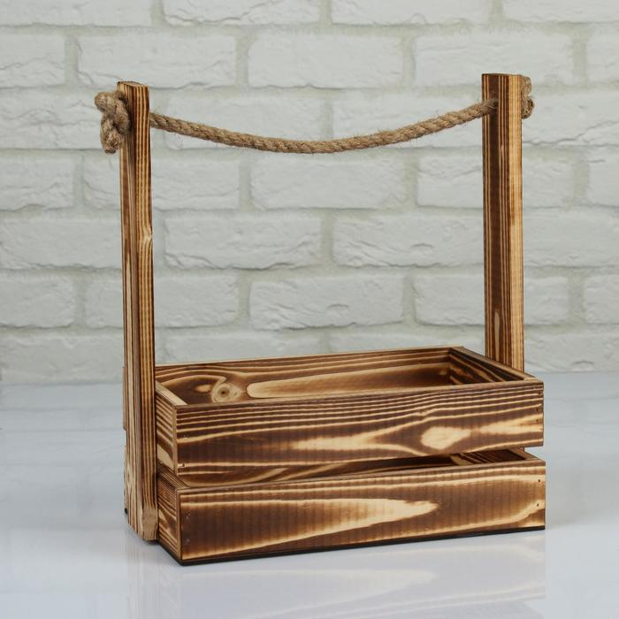 Набор кашпо деревянных 2 в 1 (25.5&times;15&times;30; 20&times;12&times;23 см) "Аром", ручка канат, обожженный