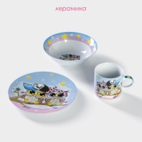 Набор детской посуды из керамики Доляна &laquo;Совы тинейджеры&raquo;, 3 предмета: кружка 230 мл, миска 400 мл, тарелка d=18 см