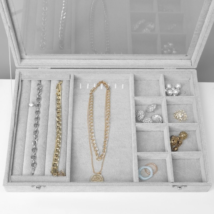 Подставка для украшений «Шкатулка» 4 полосы, 7 крючков, 8 ячеек, стеклянная крышка, цвет серый Подставка для украшений «Шкатулка» 4 полосы, 7 крючков, 8 ячеек, стеклянная крышка, цвет серый