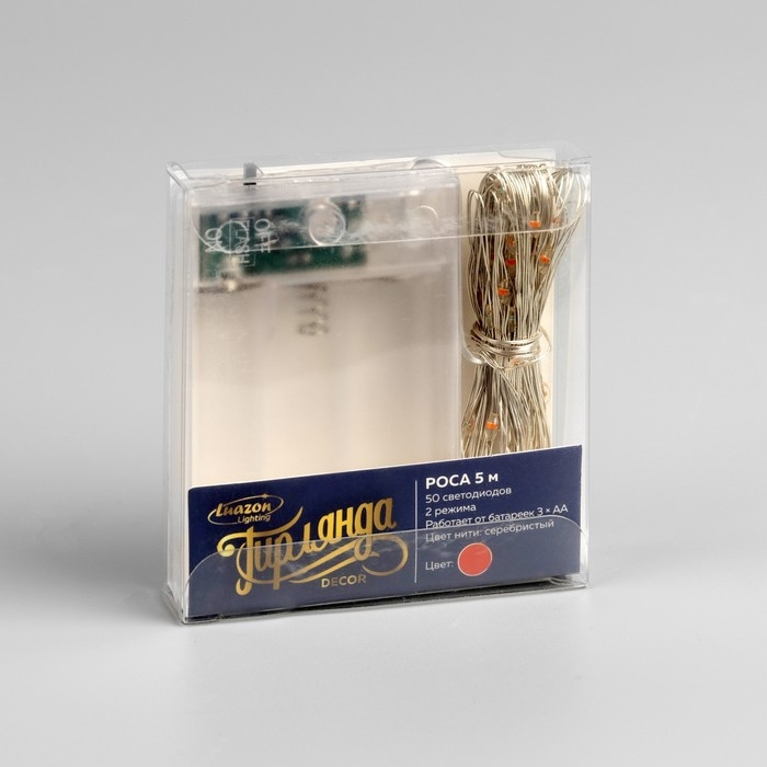 Гирлянда &laquo;Нить&raquo; 5 м роса, IP20, серебристая нить, 50 LED, 2 режима, батарейки AAх3 (нет в комплекте), свечение красное