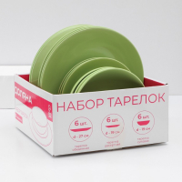 Набор тарелок керамических Доляна &laquo;Пастель&raquo;, 18 предметов: 6 тарелок d=19 см, 6 тарелок d=27 см, 6 мисок d=19 см, цвет зелёный