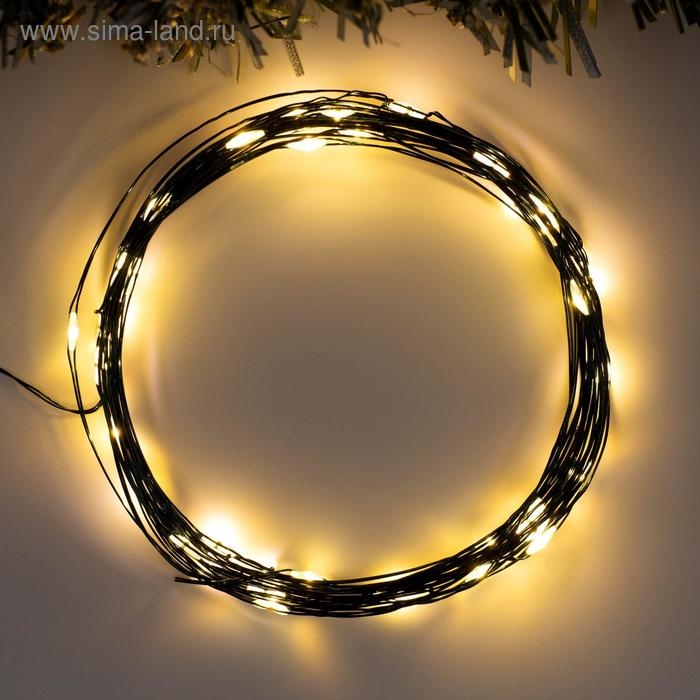 Гирлянда &laquo;Нить&raquo; 5 м роса, IP20, зелёная нить, 50 LED, 2 режима, батарейки AAх3 (нет в комплекте), свечение тёплое белое