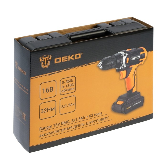 Дрель-шуруповерт DEKO Banger 16V, 16 В, 2х1.5 Ач, кейс + набор инструментов 63 предмета Дрель-шуруповерт DEKO Banger 16V, 16 В, 2х1.5 Ач, кейс + набор инструментов 63 предмета