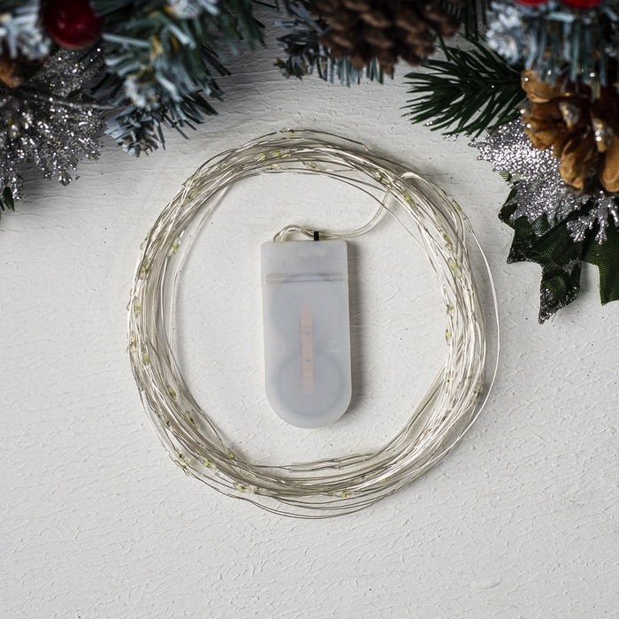 Гирлянда «Нить» 5 м роса, IP20, серебристая нить, 50 LED, батарейки CR2032х2 (в комплекте), свечение белое Гирлянда «Нить» 5 м роса, IP20, серебристая нить, 50 LED, батарейки CR2032х2 (в комплекте), свечение белое