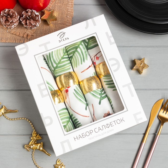 Набор новогодних салфеток &laquo;С Новым Годом&raquo; с декоративными кольцами, 40х40 см - 4 шт, хлопок, саржа