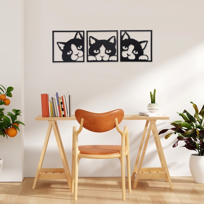 Декорация настенная для интерьера, панно на стену из дерева Декорация настенная для интерьера, панно на стену из дерева "Кошки", 3 модуля 34 х 34 см