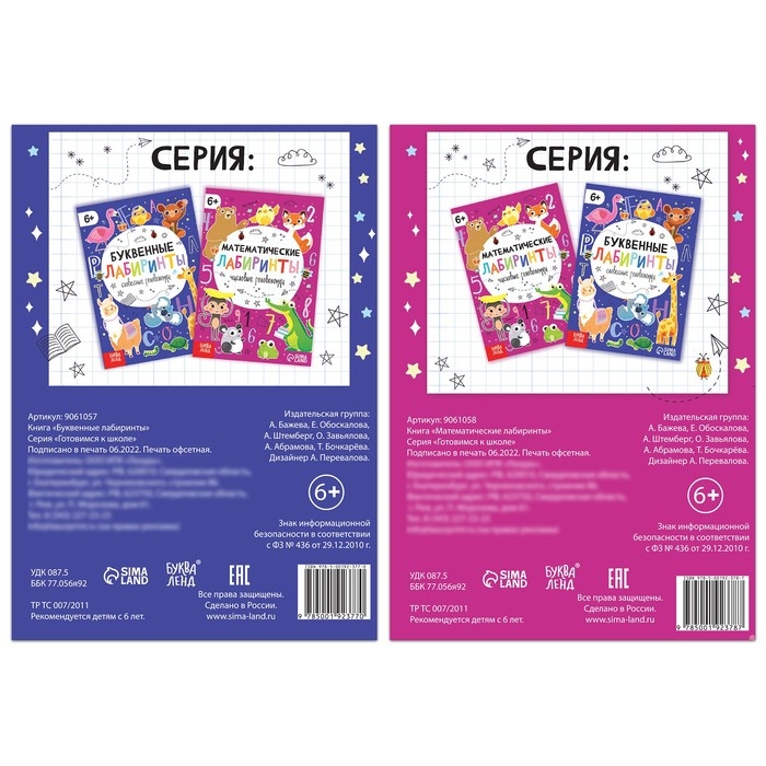 Набор книг &laquo;Математические и буквенные лабиринты&raquo;, 2 шт. по 20 стр., от 6 лет