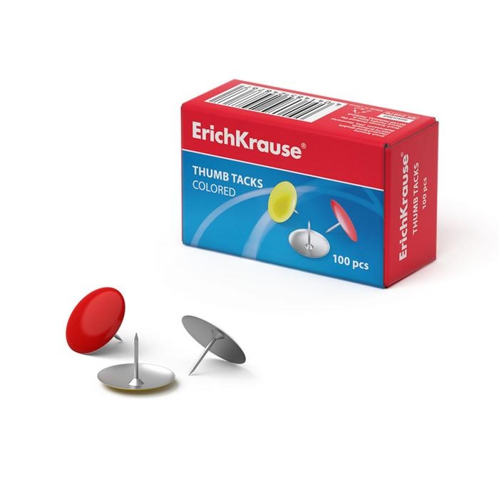 Кнопки канцелярские, цветные 10 мм, 100 штук, Erich Krause Кнопки канцелярские, цветные 10 мм, 100 штук, Erich Krause