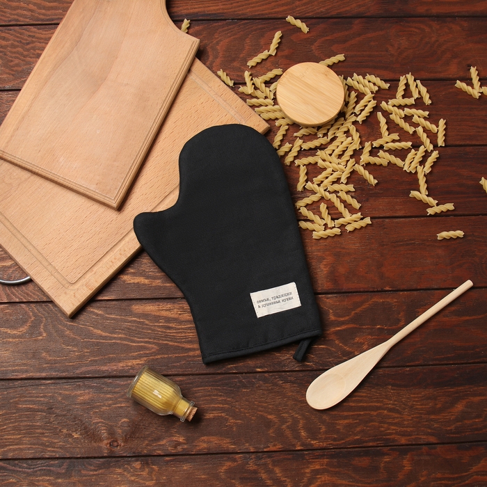 Варежка-прихватка Доляна "Душевная кухня" цв.черный 20х28см, рогожка, 100% х/л