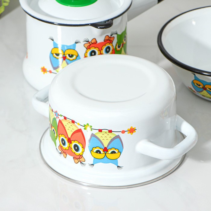 Набор посуды &laquo;Совушки&raquo;, 4 предмета: кружка 250 мл, миска 800 мл, ковш 1 л, кастрюля 1 л, индукция