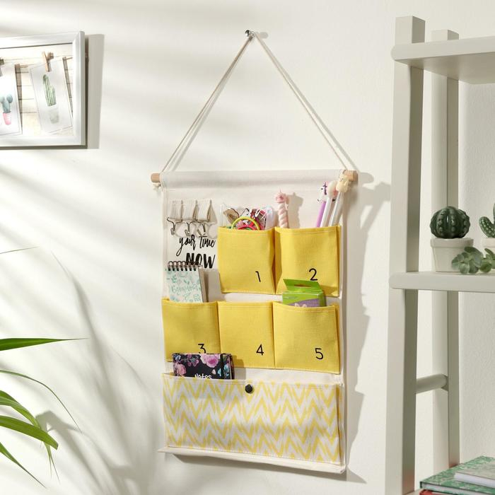 Органайзер подвесной с карманами Доляна «Время», 6 отделений, 49×35 см, цвет жёлтый Органайзер подвесной с карманами Доляна «Время», 6 отделений, 49×35 см, цвет жёлтый