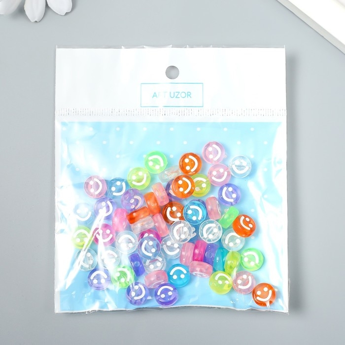 Бусины для творчества пластик "Белый смайлик на цветном" набор 20 гр 0,5х1х1 см