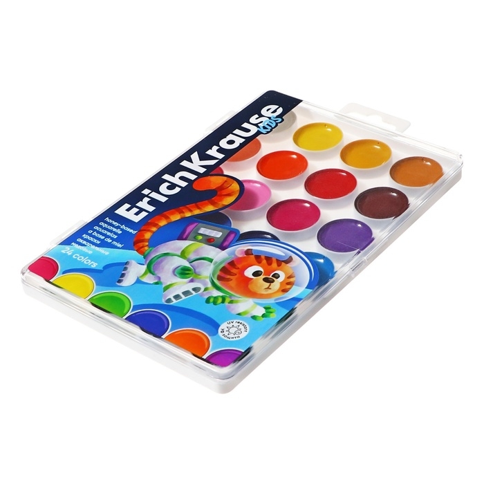 Акварель 24 цвета ErichKrause "Jolly Friends", медовые, УФ-фильтр, матовые насыщенные цвета, пластиковая коробка с европодвесом