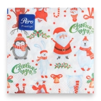 Новогодние салфетки бумажные Pero Prestige &laquo;Веселые друзья&raquo;, 3 слоя, 33х33, 20 шт.