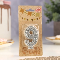 Свеча в торт «Блестки», цифра "9", серебро, 6.5х4 Свеча в торт «Блестки», цифра "9", серебро, 6.5х4