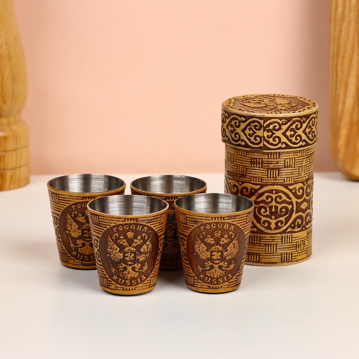 Набор стопок &laquo;Герб России&raquo;, 4 шт, в тубусе, 4,5&times;4,5&times;9 см, береста