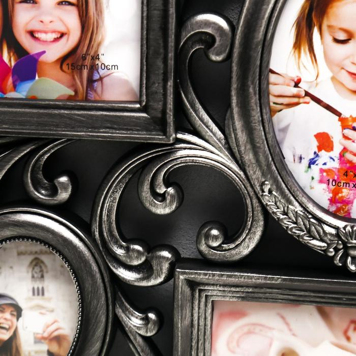 Фоторамка пластик на 6 фото 10х15, 10х10 см Фоторамка пластик на 6 фото 10х15, 10х10 см "Завитки" серебро 31,5х53 см