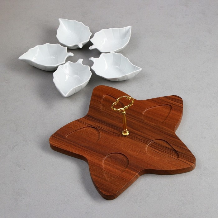 Менажница «Листья», 5 шт:150 мл, деревянное основание, фарфор, Иран Менажница «Листья», 5 шт:150 мл, деревянное основание, фарфор, Иран